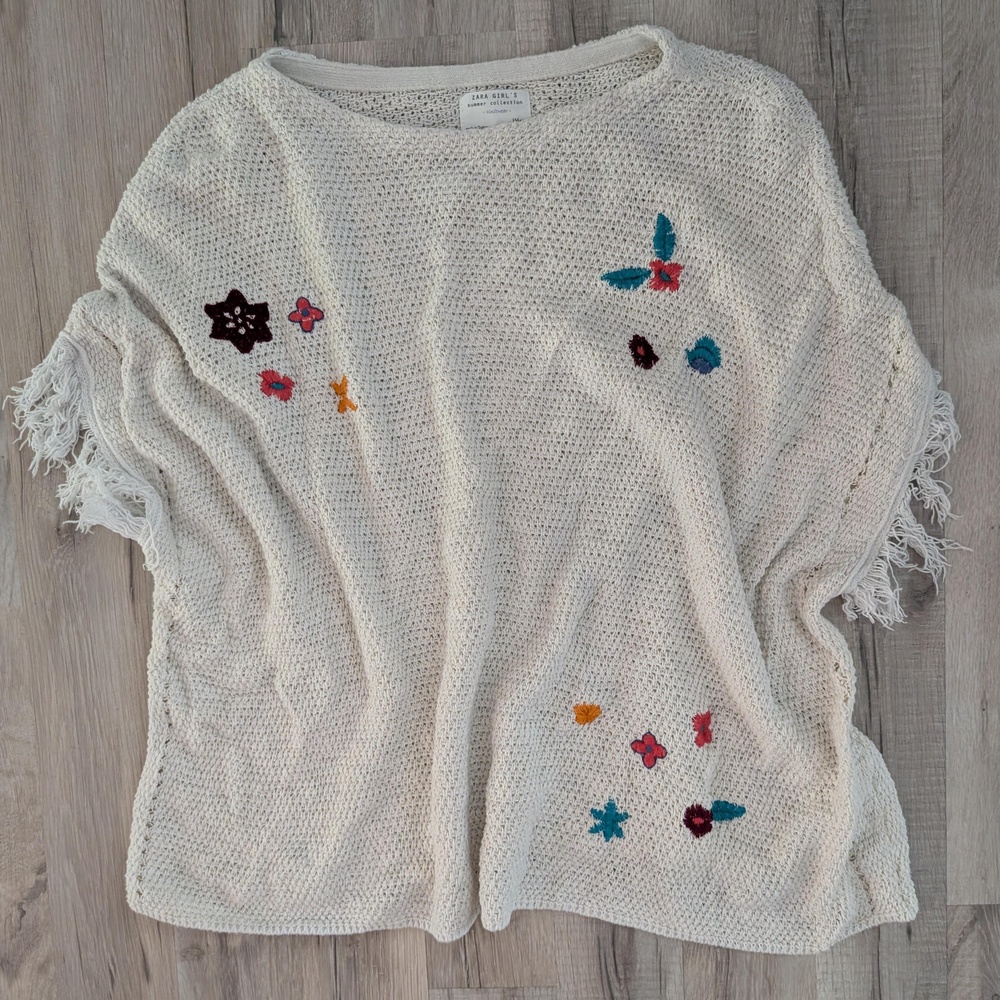 ZARA GIRL'S Cream Floral Embroidery Fringed Crochet Shawl, 164cm 13/14Y (Z3)
